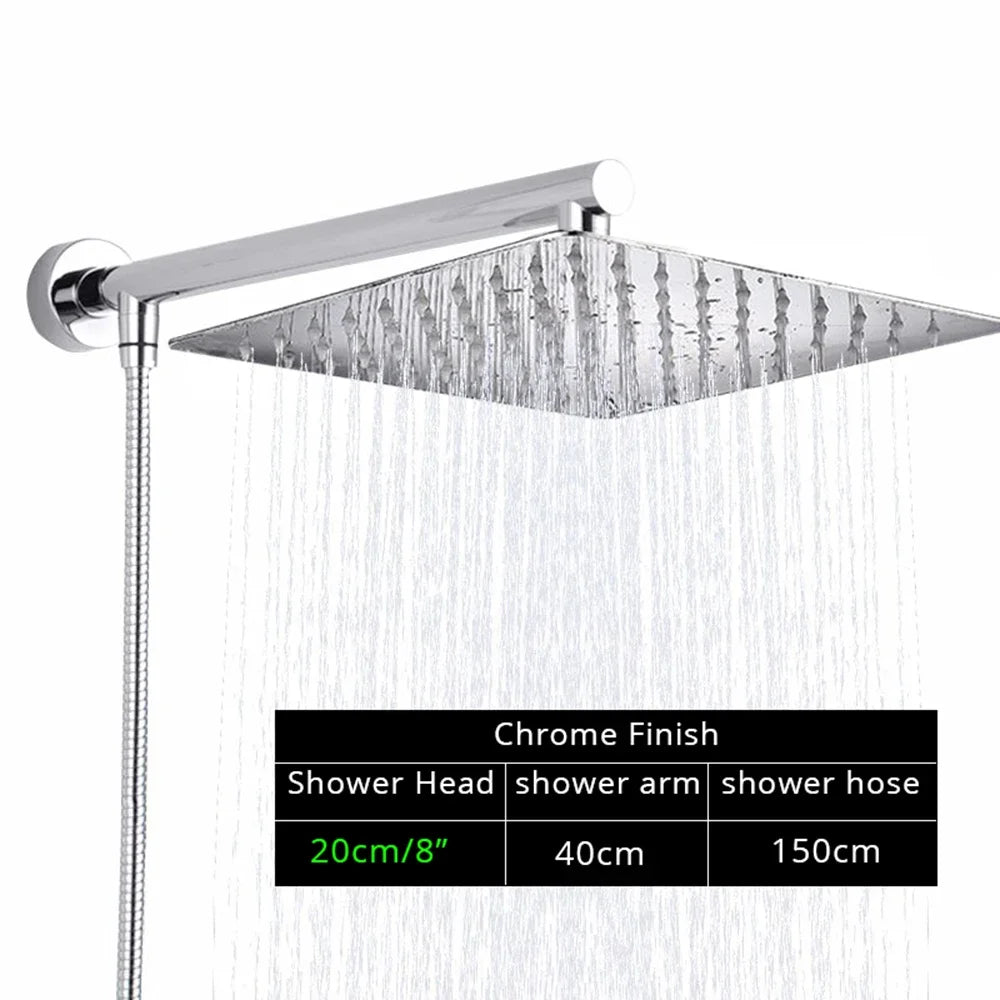 DecorBites™ Bright Chrome 8" Shower Head with 15" Arm and 59" Hose - Wall Mounted Rainfall