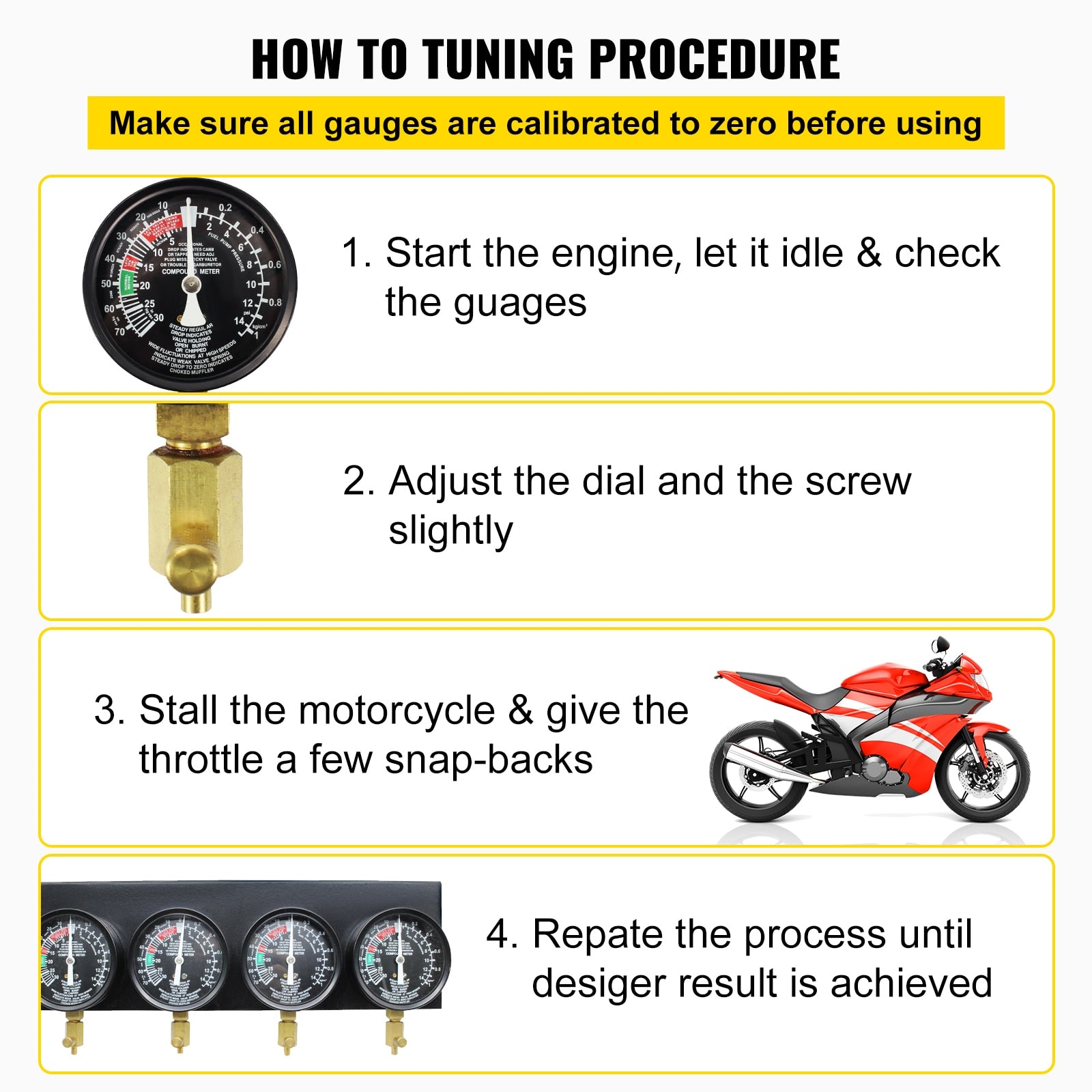 4-Gauge Carburetor Synchronizer Kit: Achieve Perfect Fuel Balance and Performance Tuning for Your Motorcycle with Precision and Ease!