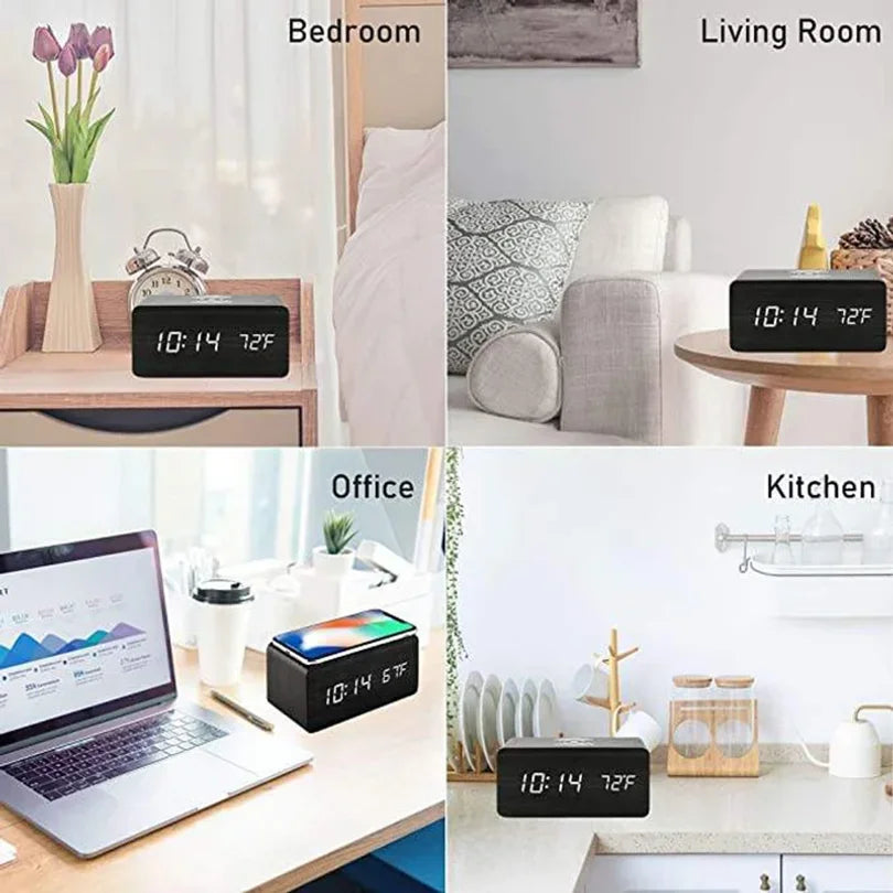 Wooden Digital Alarm Clock with Wireless Charging LED Clock with Time Date Temperature Desk Clocks for Office Bedside Clock