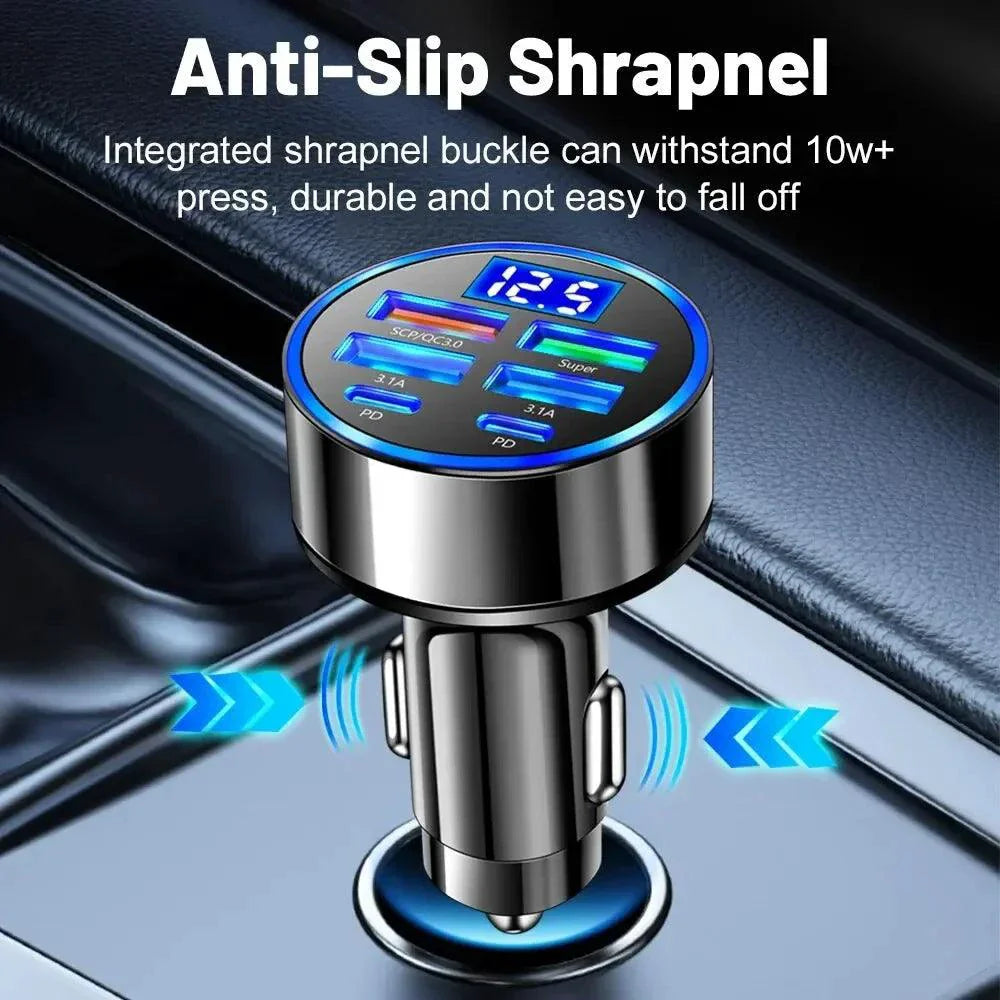 66-250W PD Car Charger QC3.0 Fast Charge with Digital Display 4USB and 2PD Ports for Car Cigarette Lighter Plug