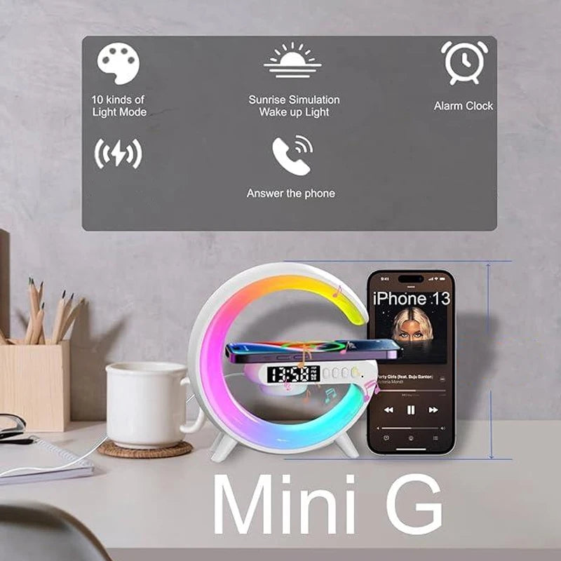 Multi-functional Desktop Clock Alarm Bluetooth Speaker Creativity RGB Night Light Wireless Charger Station For iPhone Samsung
