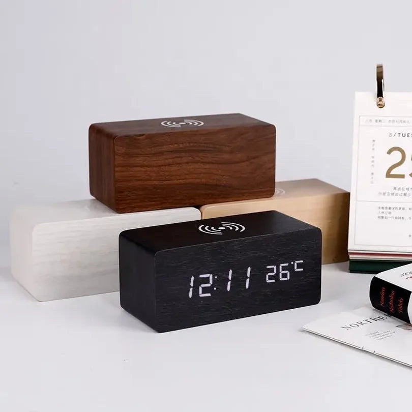 Wooden Digital Alarm Clock with Wireless Charging LED Clock with Time Date Temperature Desk Clocks for Office Bedside Clock