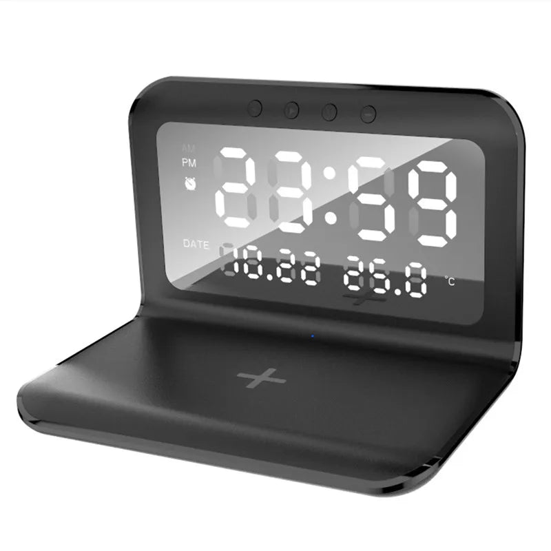 Wireless Charger Pad Stand with Alarm Clock Thermometer for iPhone 14 13 12 11 X Xiaomi Samsung 15W Phone Fast Charging Station