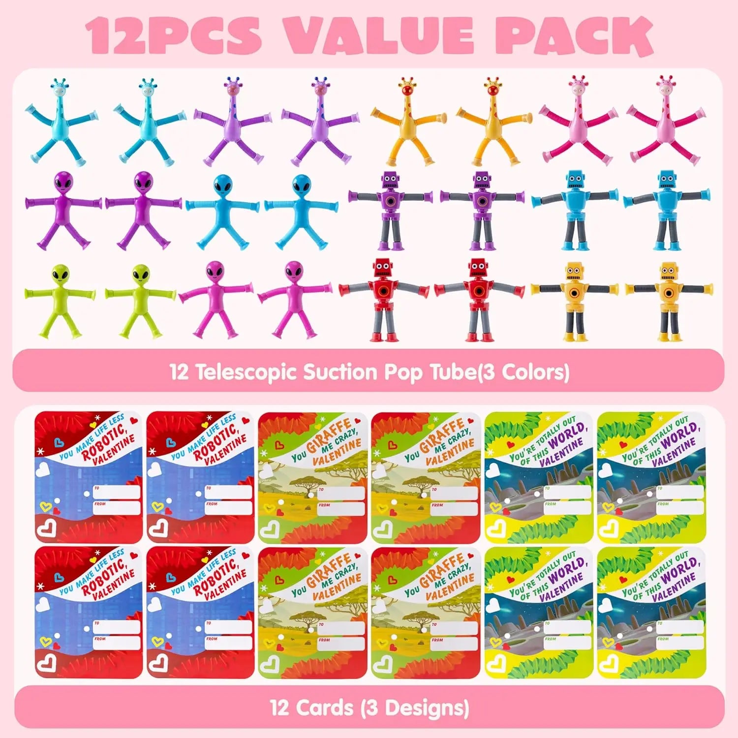 JOYFY 12 Pcs Valentine's Day Telescopic Suction Pop Tube with Cards for Kids Toys Party Favors Classroom Exchange Gifts