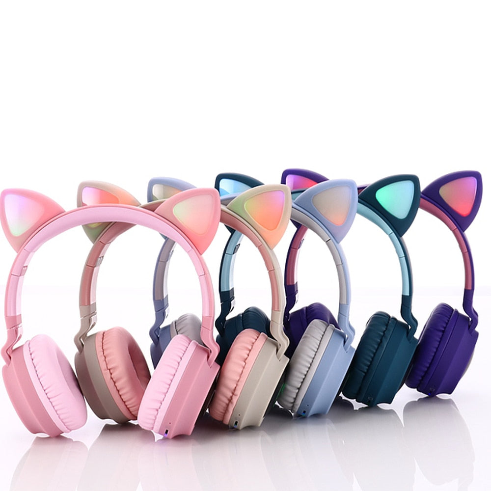 LED Light Wireless Headset with Cat Ear Design - Music Headphones for Girls, Daughters, Bluetooth Headset with TF Card Support and FM Radio