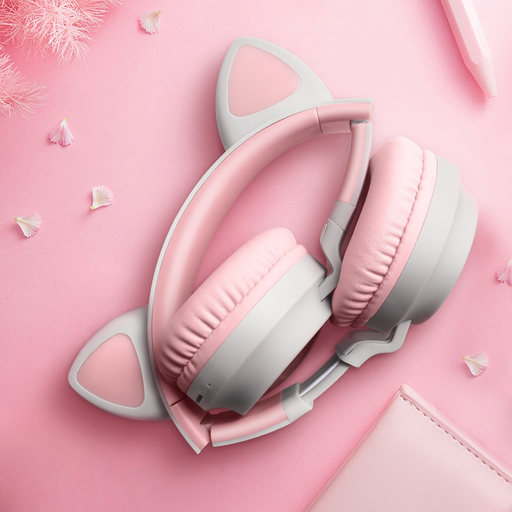 LED Light Wireless Headset with Cat Ear Design - Music Headphones for Girls, Daughters, Bluetooth Headset with TF Card Support and FM Radio