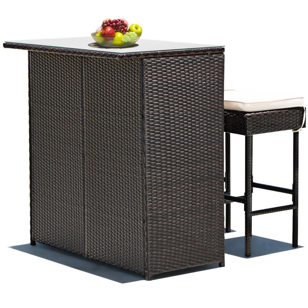 3PCS Patio Rattan Wicker Bar Table Stools Dining Set Cushioned Chairs Garden HW62380