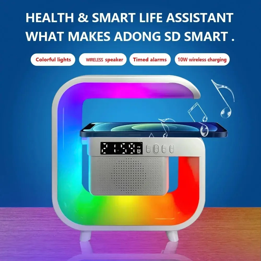 New Wireless Charger Stand Bluetooth Speaker Sound Alarm Clock RGB Ambient Light for iPhone Samsung Xiaomi