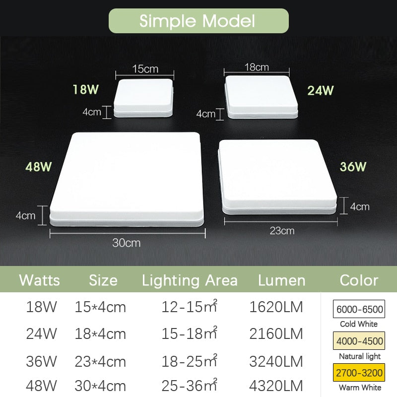 Square LED Ceiling Lamp - Bedroom Lighting in Neutral White, Cold White, and Warm White - 48W, 36W, 24W, 18W Options for Living Room Brilliance