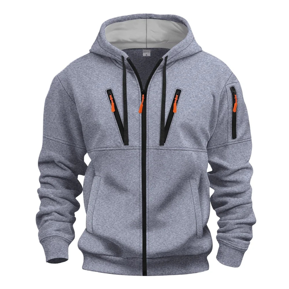 Spring Autumn New Men's Multi Pocket Casual Zipper Black Gray Khaki Hoodie Fashion Sports Street Men Sweatshirt