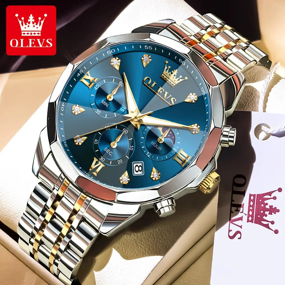 OLEVS 3670 Men's Watches Fashion Waterproof Calendar Luminous Moon Phase Quartz Watch Man Chronograph Clock