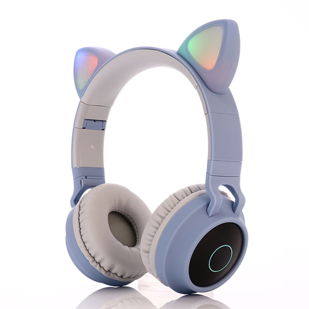 LED Light Wireless Headset with Cat Ear Design - Music Headphones for Girls, Daughters, Bluetooth Headset with TF Card Support and FM Radio