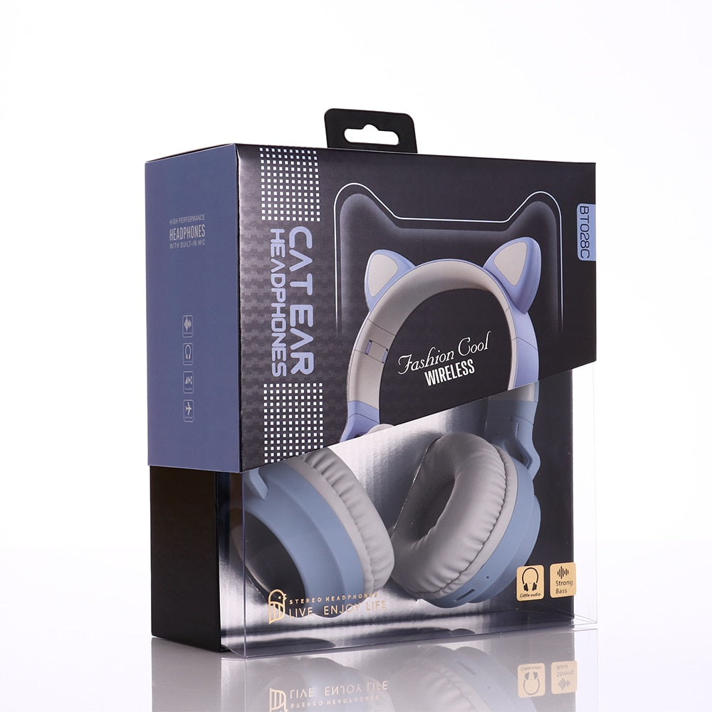 LED Light Wireless Headset with Cat Ear Design - Music Headphones for Girls, Daughters, Bluetooth Headset with TF Card Support and FM Radio