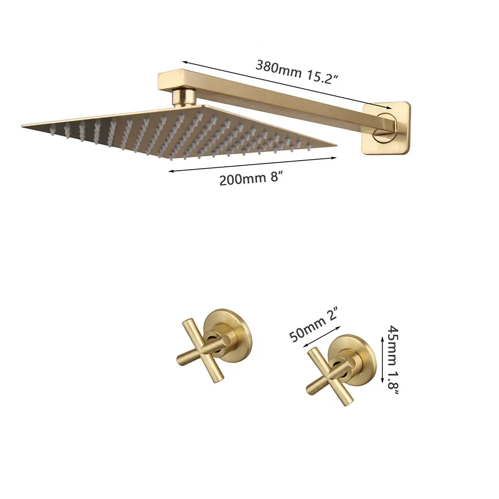 DecorBites™ Brushed Gold Rainfall Shower Faucet Set with Dual Handles and Wall Mount