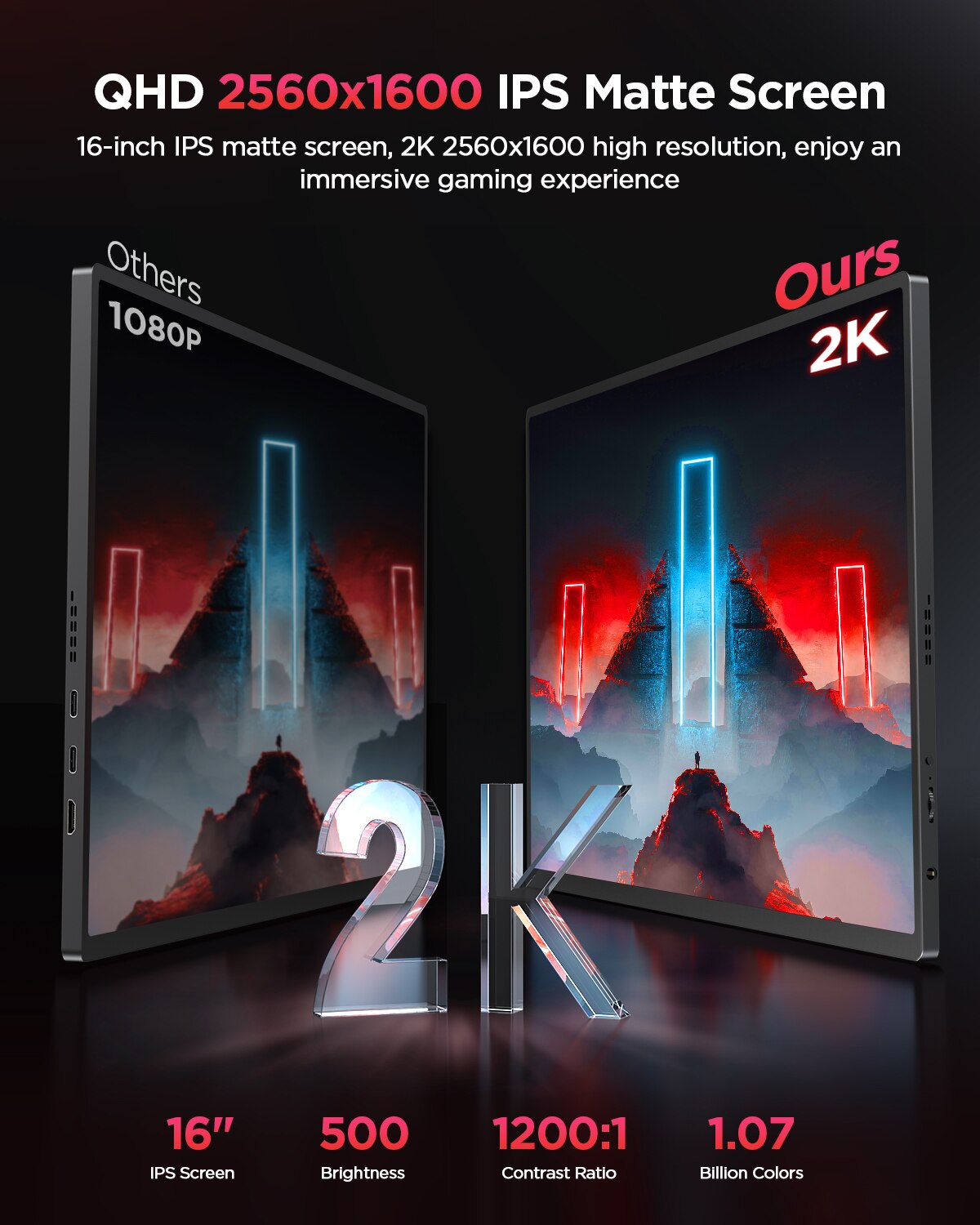 UPERFECT 16 inch 2K Portable Monitor 2560*1600 16:10 100%sRGB 500Cd/m² 120Hz Gaming Display For Xbox PS5 Switch Laptop Mac Phone