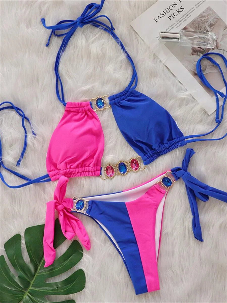 Rhinestones Splicing Bikini