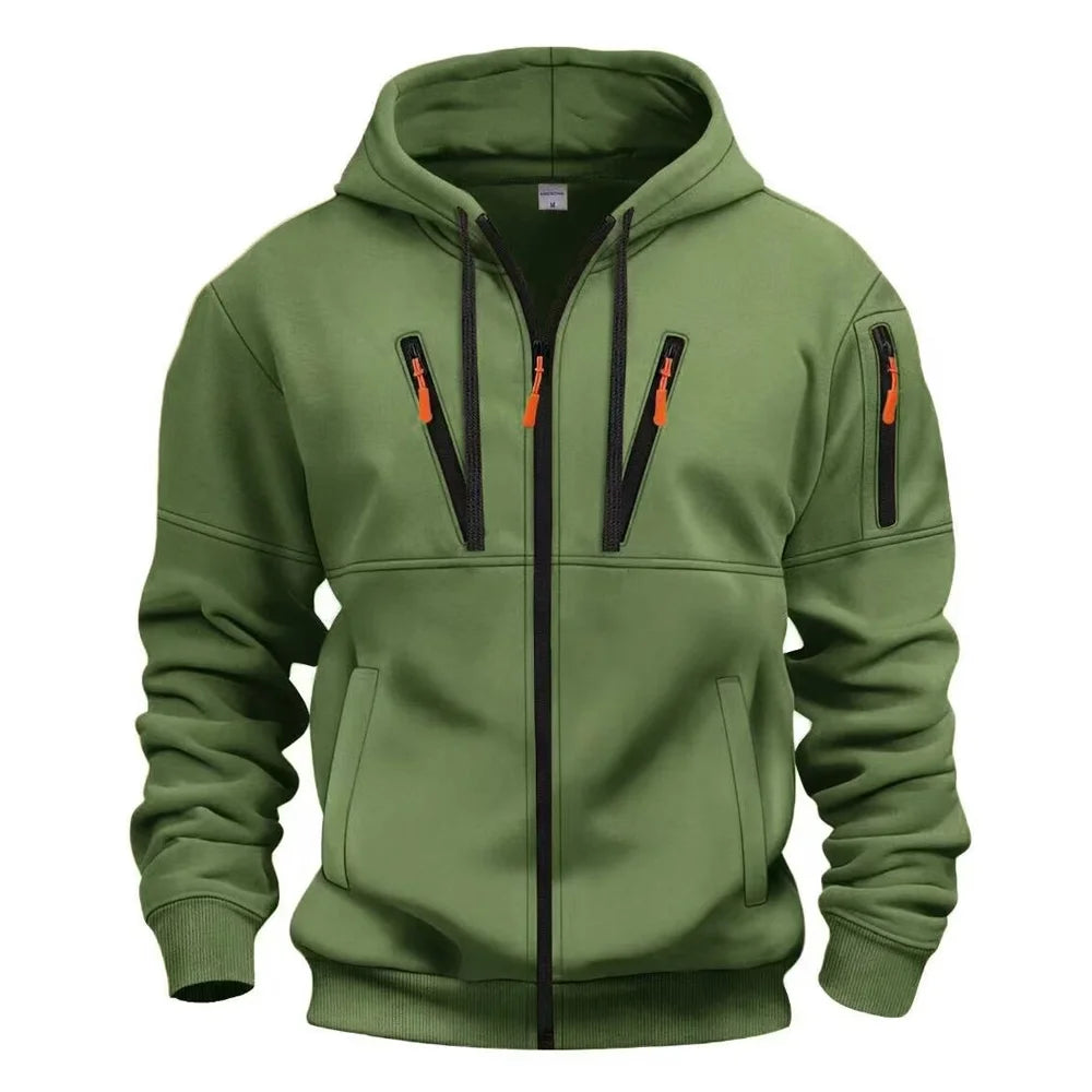 Spring Autumn New Men's Multi Pocket Casual Zipper Black Gray Khaki Hoodie Fashion Sports Street Men Sweatshirt