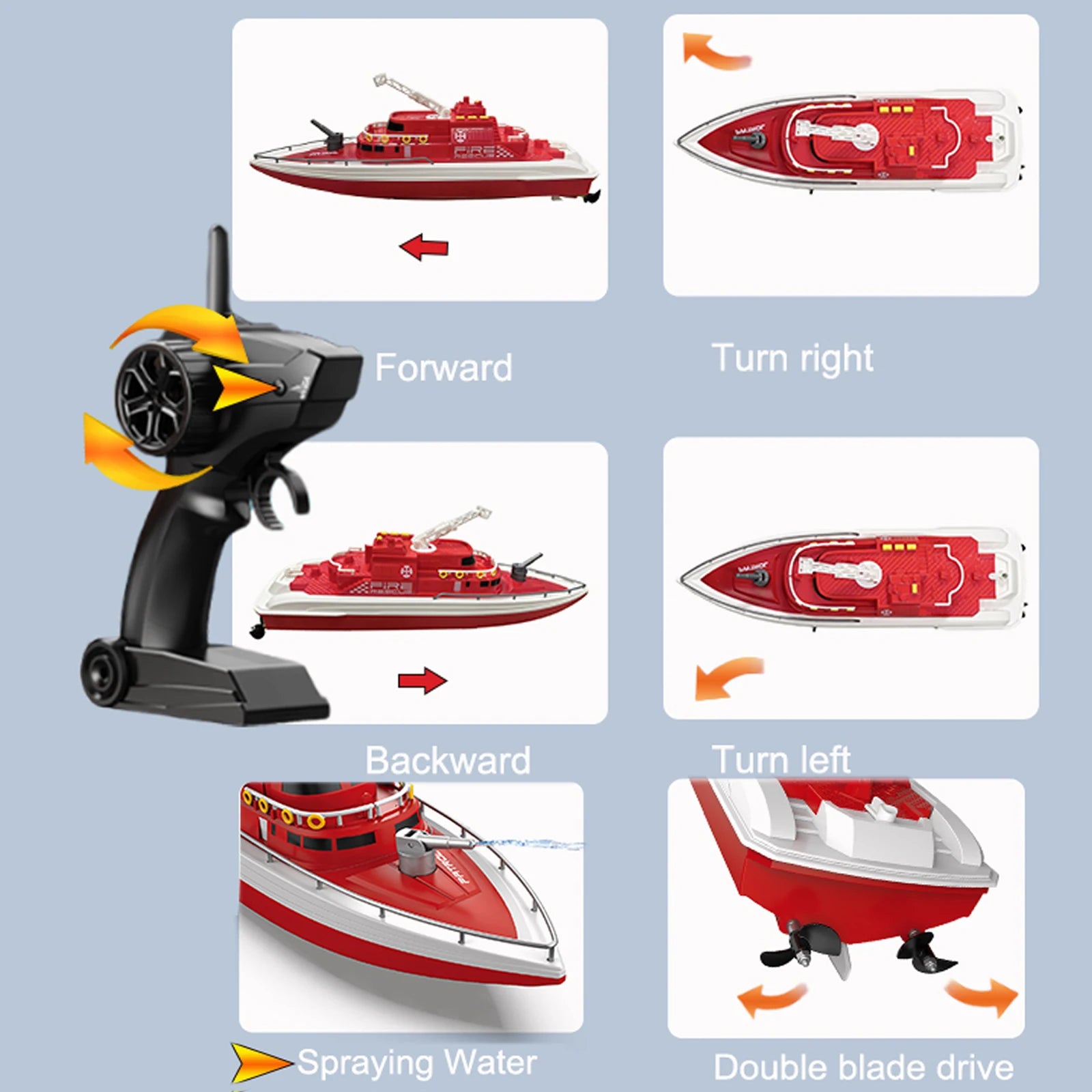 Remote Control Boat on Lake Pool H158 H160 H139 Fireboat Rescue Water-Spraying 15km/h 38CM Pool Water Toy For Kids Boys Beginner