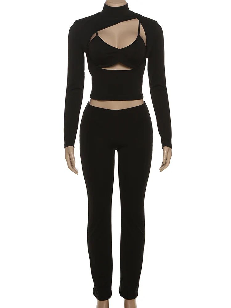 Low-Neck Camisole+Turtleneck Hollow Full Sleeve Crop Tops+Skinny Pants
