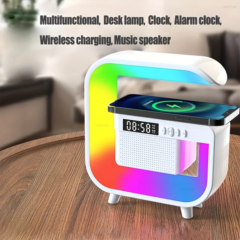 RGB Light All in One Wireless Charger Station Bluetooth Speaker TF FM With Alarm Clock For iPhone Samsung Xiaomi Fast Charging
