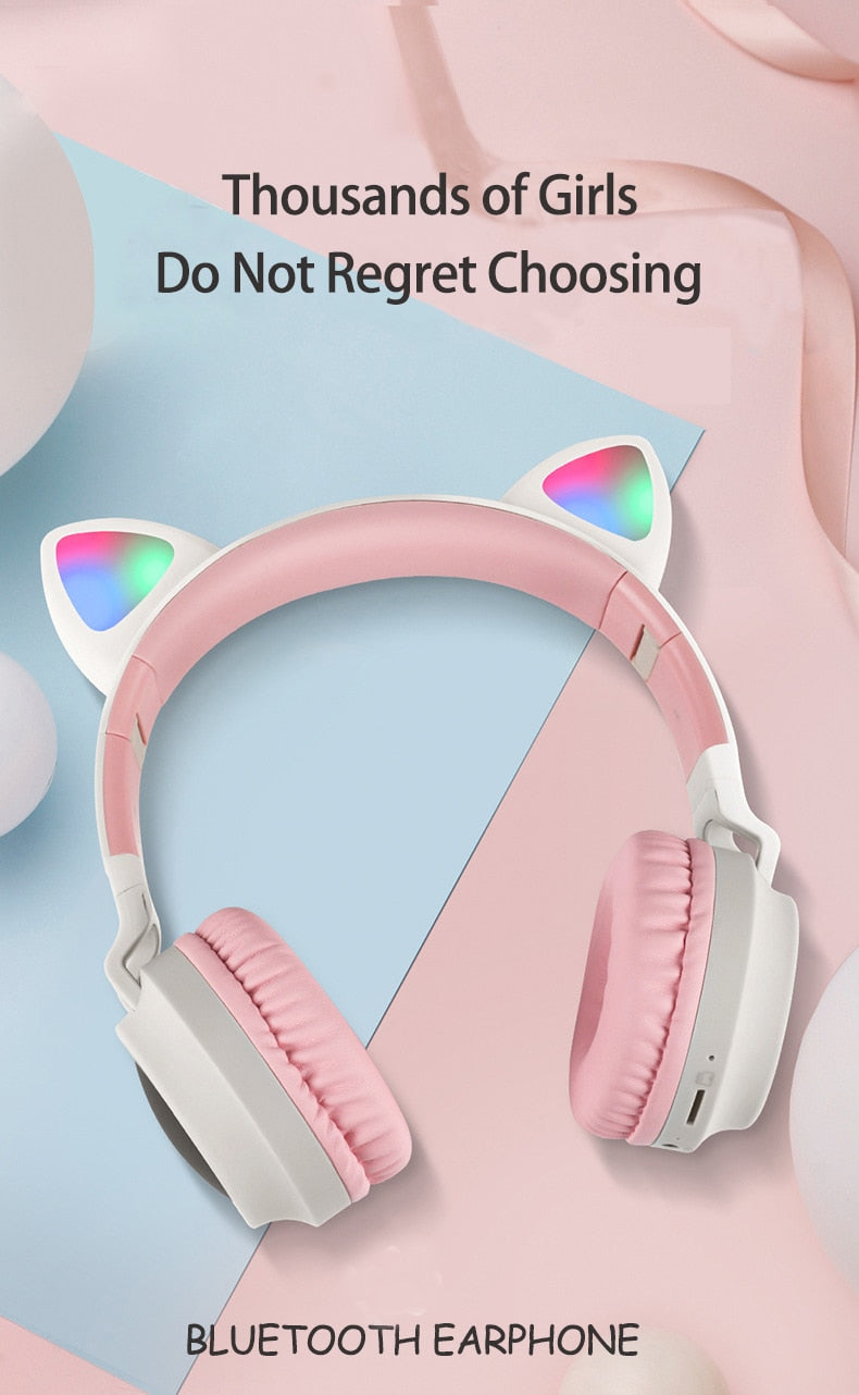 LED Light Wireless Headset with Cat Ear Design - Music Headphones for Girls, Daughters, Bluetooth Headset with TF Card Support and FM Radio
