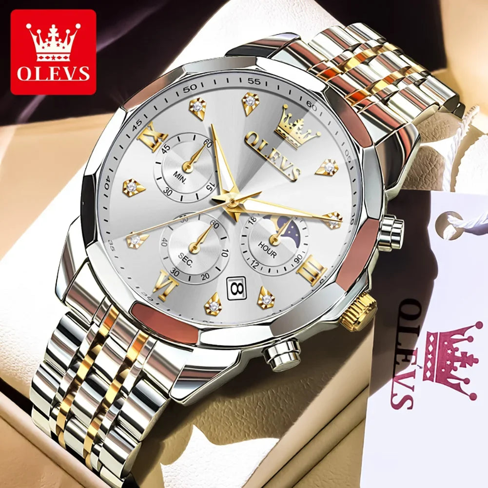 OLEVS 3670 Men's Watches Fashion Waterproof Calendar Luminous Moon Phase Quartz Watch Man Chronograph Clock