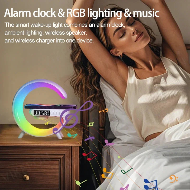 Multi-functional Desktop Clock Alarm Bluetooth Speaker Creativity RGB Night Light Wireless Charger Station For iPhone Samsung