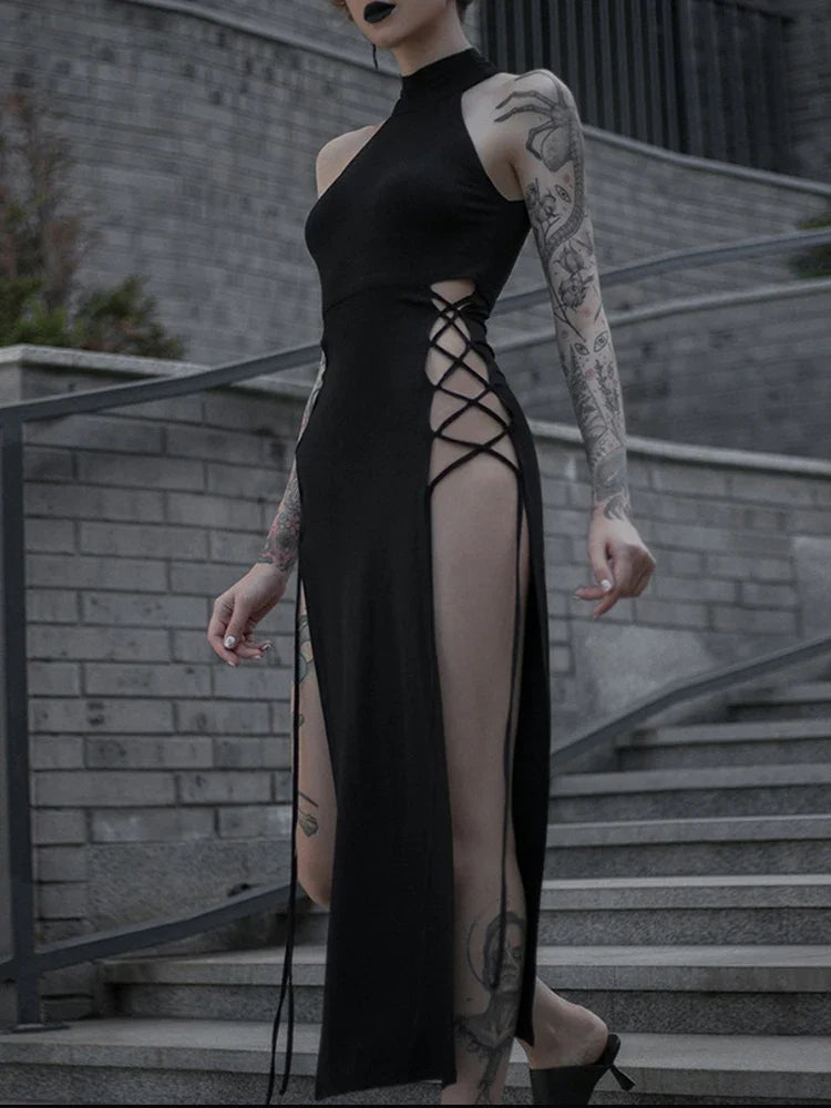 Vestido de vendaje de corte alto sexy para damas, estilo gótico ajustado, ropa de fiesta alternativa.
