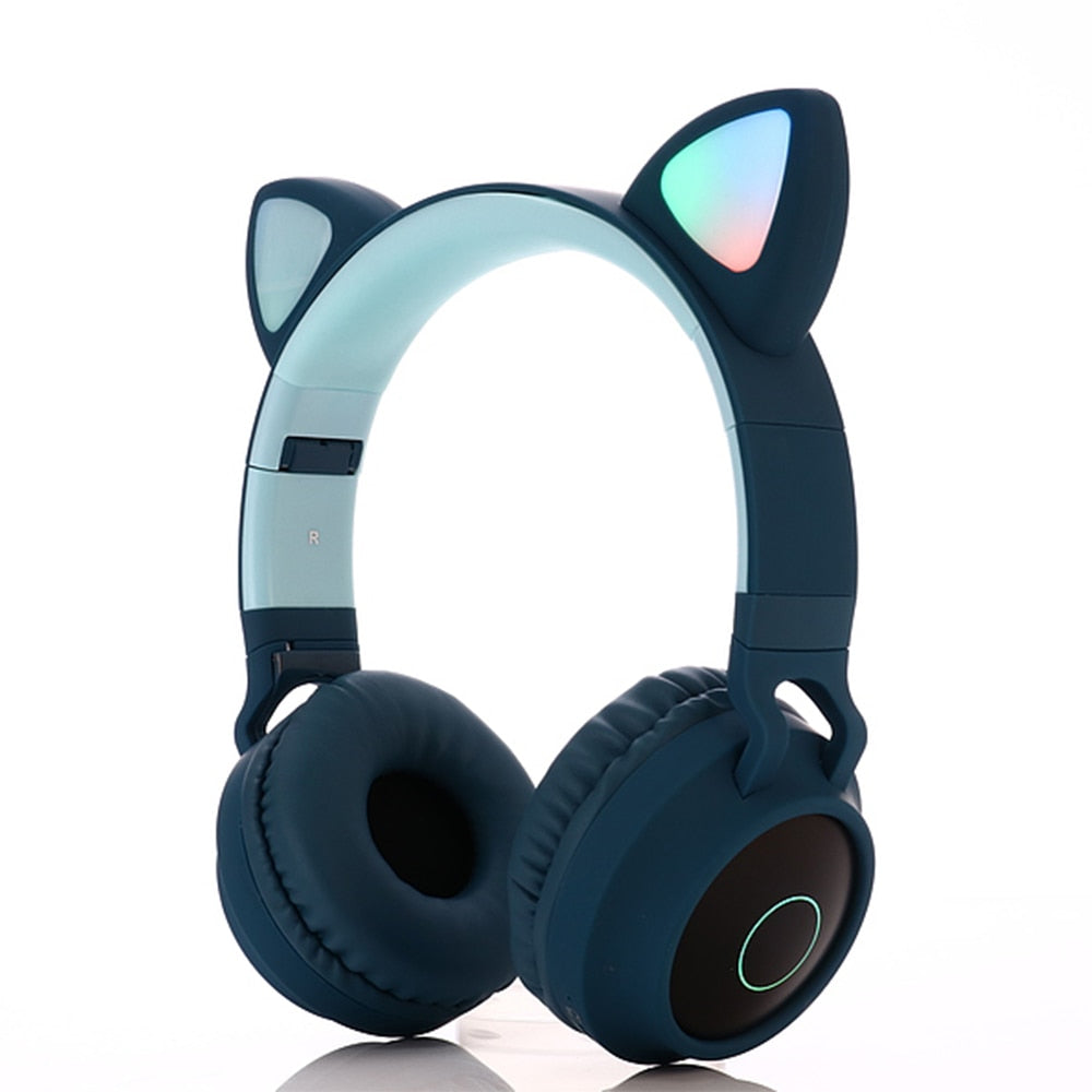 LED Light Wireless Headset with Cat Ear Design - Music Headphones for Girls, Daughters, Bluetooth Headset with TF Card Support and FM Radio