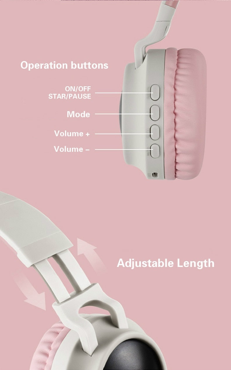 LED Light Wireless Headset with Cat Ear Design - Music Headphones for Girls, Daughters, Bluetooth Headset with TF Card Support and FM Radio