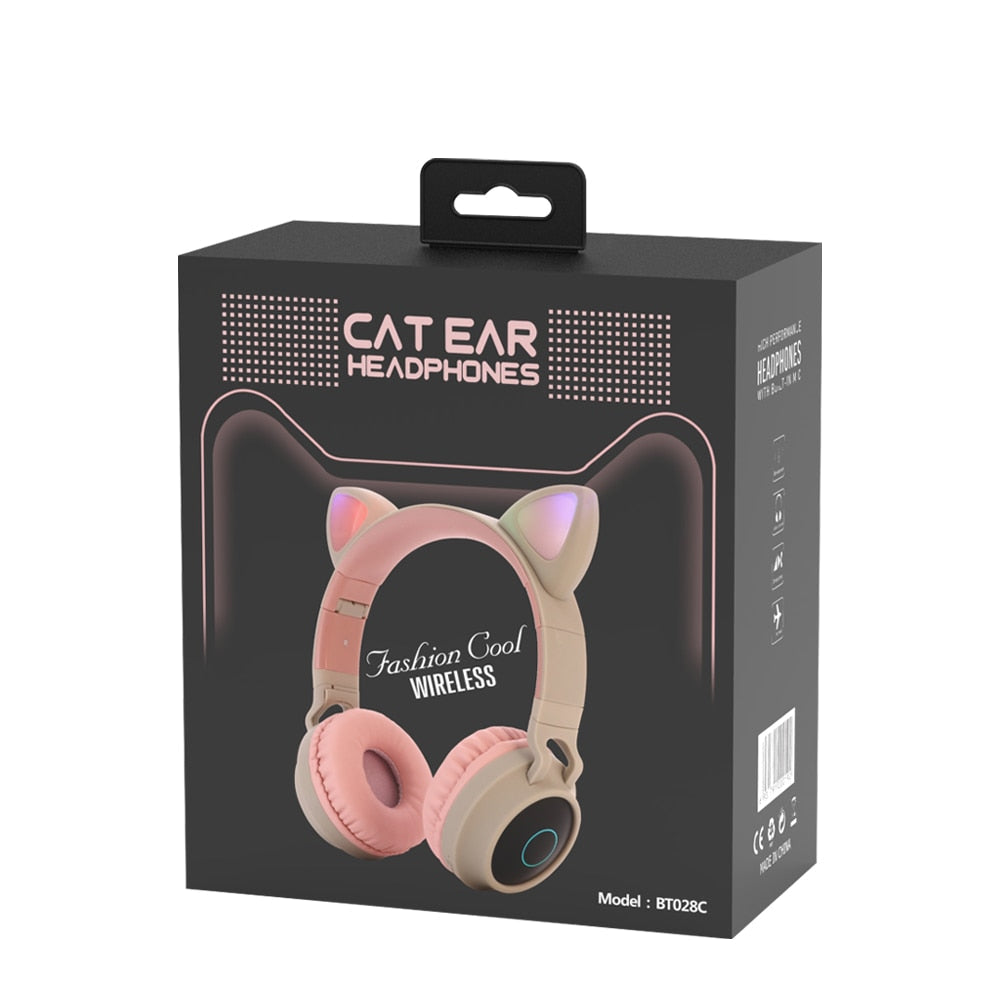 LED Light Wireless Headset with Cat Ear Design - Music Headphones for Girls, Daughters, Bluetooth Headset with TF Card Support and FM Radio