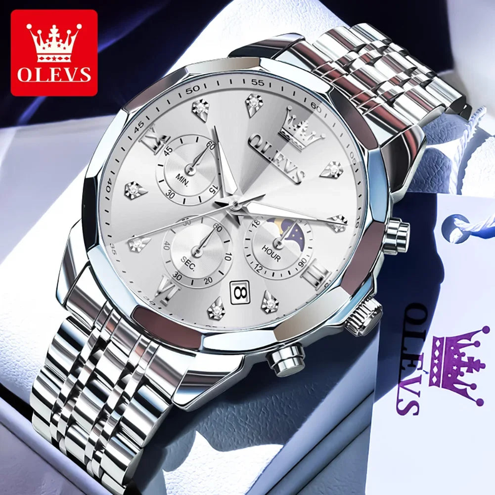 OLEVS 3670 Men's Watches Fashion Waterproof Calendar Luminous Moon Phase Quartz Watch Man Chronograph Clock