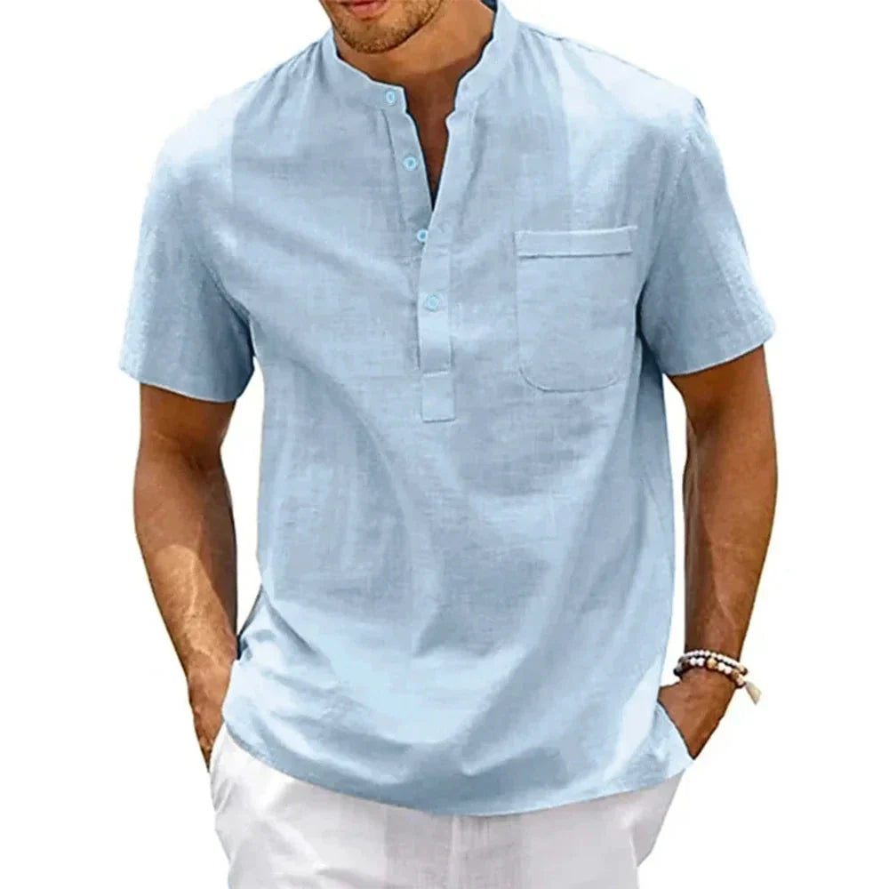Mandotos Cotton Linen Henley Shirt for Men Pocket Short Sleeve Beachwear Vintage Streetwear