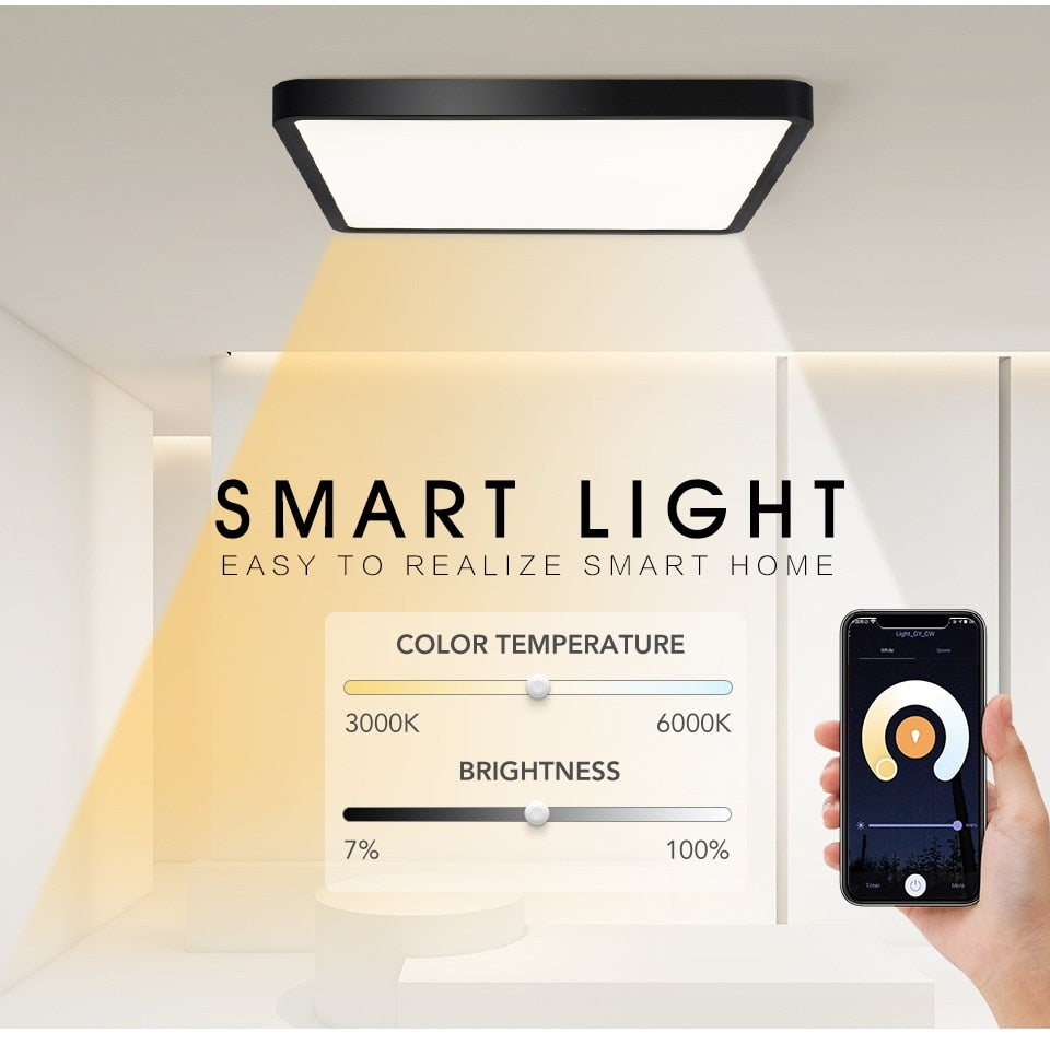 Smart Wood Grain LED Ceiling Lamp: Tuya App & Voice Control, Alexa/Google Compatible, Remote Control, Stylish Square Ceiling Light for Living Room