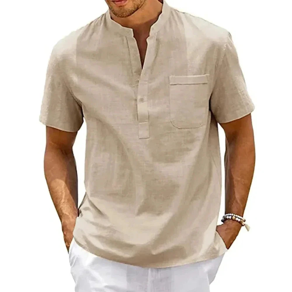 Mandotos Cotton Linen Henley Shirt for Men Pocket Short Sleeve Beachwear Vintage Streetwear
