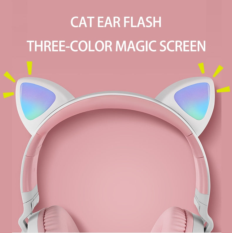 LED Light Wireless Headset with Cat Ear Design - Music Headphones for Girls, Daughters, Bluetooth Headset with TF Card Support and FM Radio