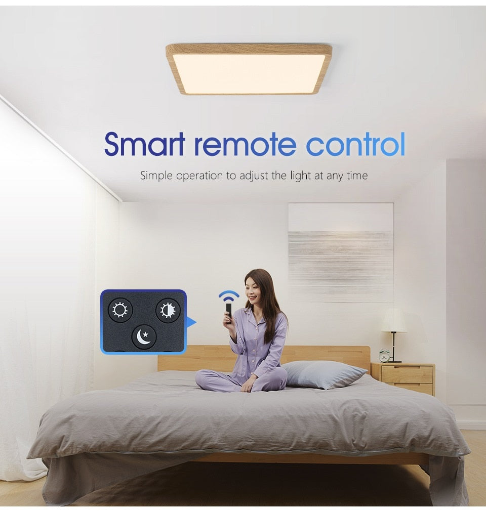 Smart Wood Grain LED Ceiling Lamp: Tuya App & Voice Control, Alexa/Google Compatible, Remote Control, Stylish Square Ceiling Light for Living Room