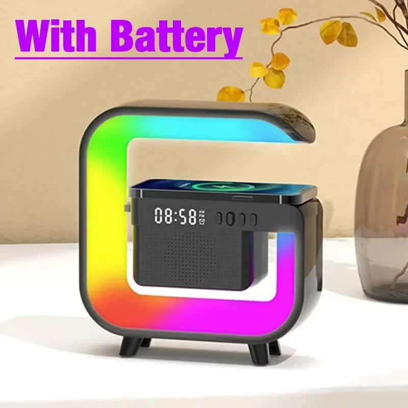 RGB Light All in One Wireless Charger Station Bluetooth Speaker TF FM With Alarm Clock For iPhone Samsung Xiaomi Fast Charging