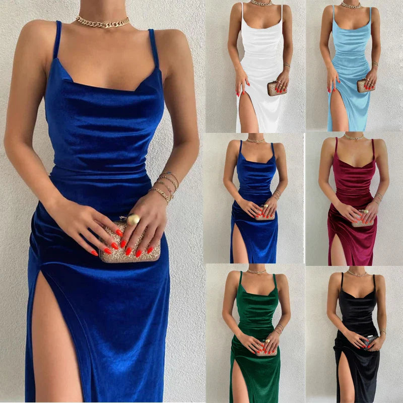 Vestido largo de terciopelo para damas con cuello halter, sin mangas, con abertura, para fiesta elegante.