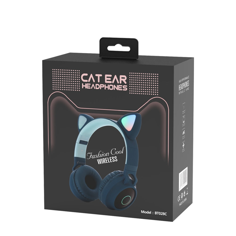 LED Light Wireless Headset with Cat Ear Design - Music Headphones for Girls, Daughters, Bluetooth Headset with TF Card Support and FM Radio
