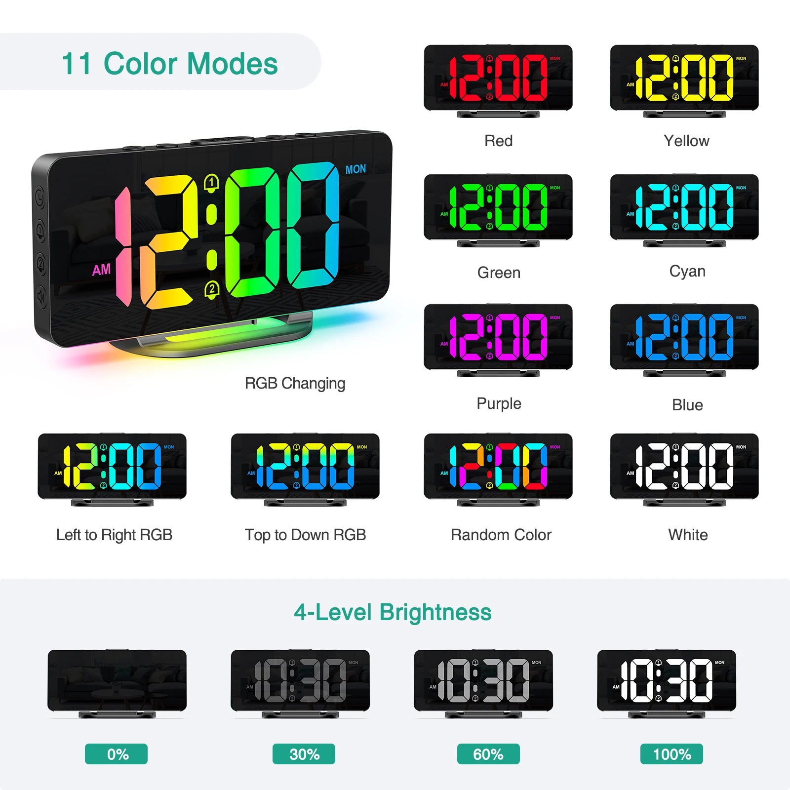 ORIA Digital Alarm Clock RGB LED Digital Clocks Colorful Clocks With Atmosphere Night Light for Home Office Best Gifts