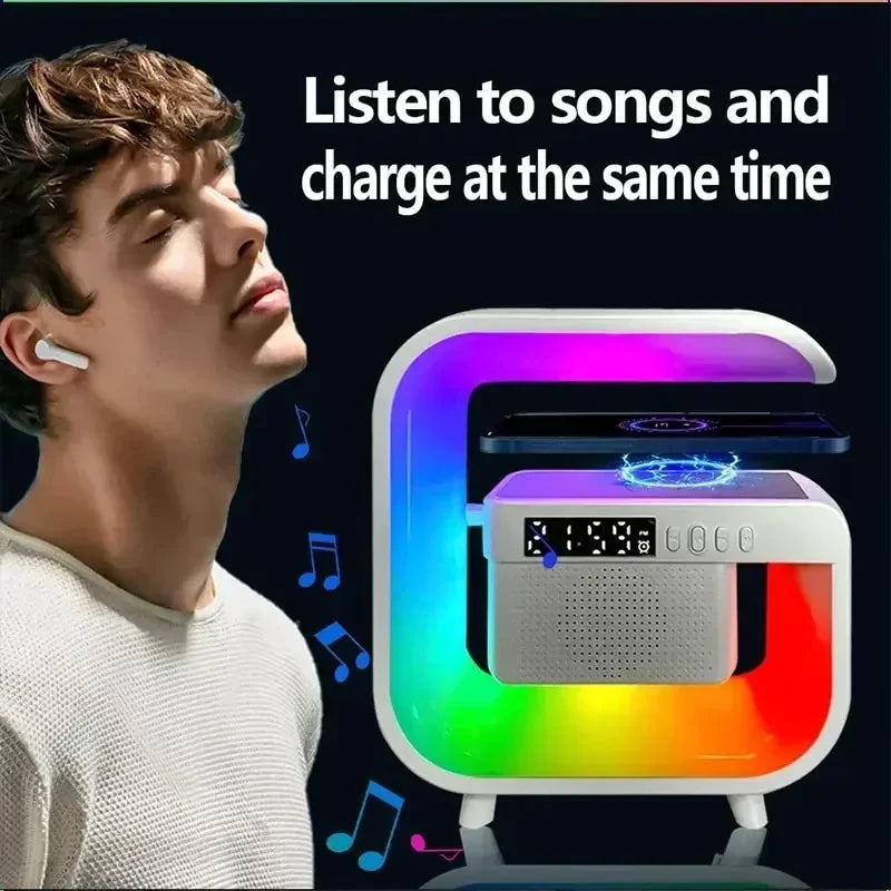 Wireless Charger Stand Pad Bluetooth Speaker Alarm Clock RGB Light Night Lamp Fast Charging Station for iPhone Samsung Xiaomi