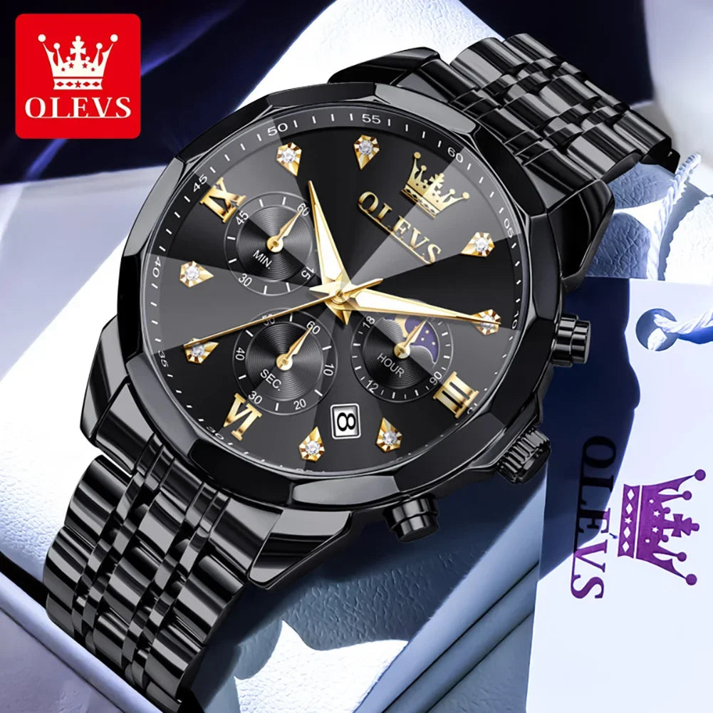 6OLEVS 370 Men's Watches Fashion Waterproof Calendar Luminous Moon Phase Quartz Watch Man Chronograph Clock