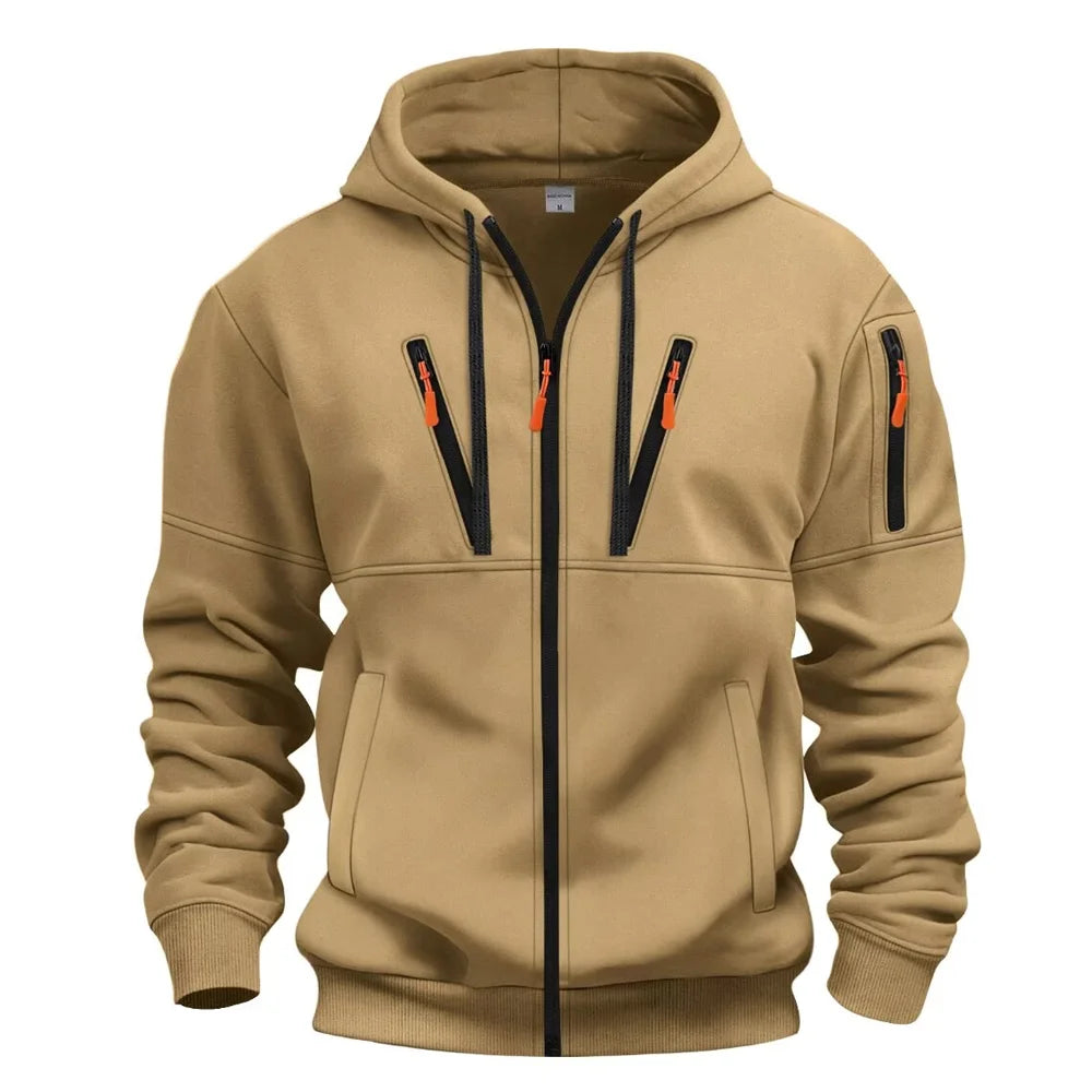 Spring Autumn New Men's Multi Pocket Casual Zipper Black Gray Khaki Hoodie Fashion Sports Street Men Sweatshirt