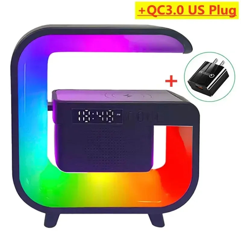 Wireless Charger Stand Pad Bluetooth Speaker Alarm Clock RGB Light Night Lamp Fast Charging Station for iPhone Samsung Xiaomi