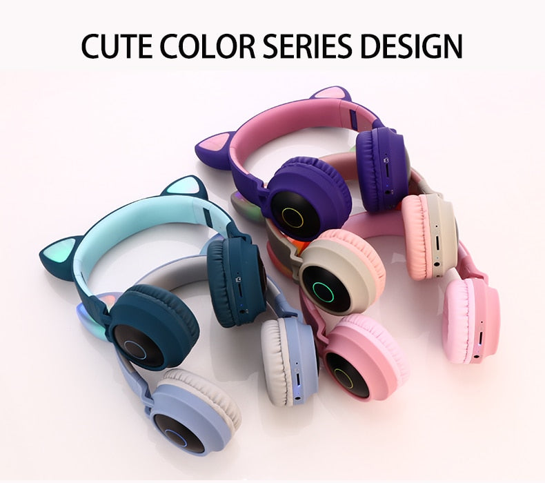 LED Light Wireless Headset with Cat Ear Design - Music Headphones for Girls, Daughters, Bluetooth Headset with TF Card Support and FM Radio