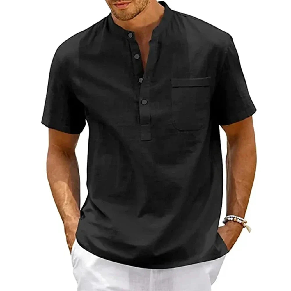 Mandotos Cotton Linen Henley Shirt for Men Pocket Short Sleeve Beachwear Vintage Streetwear