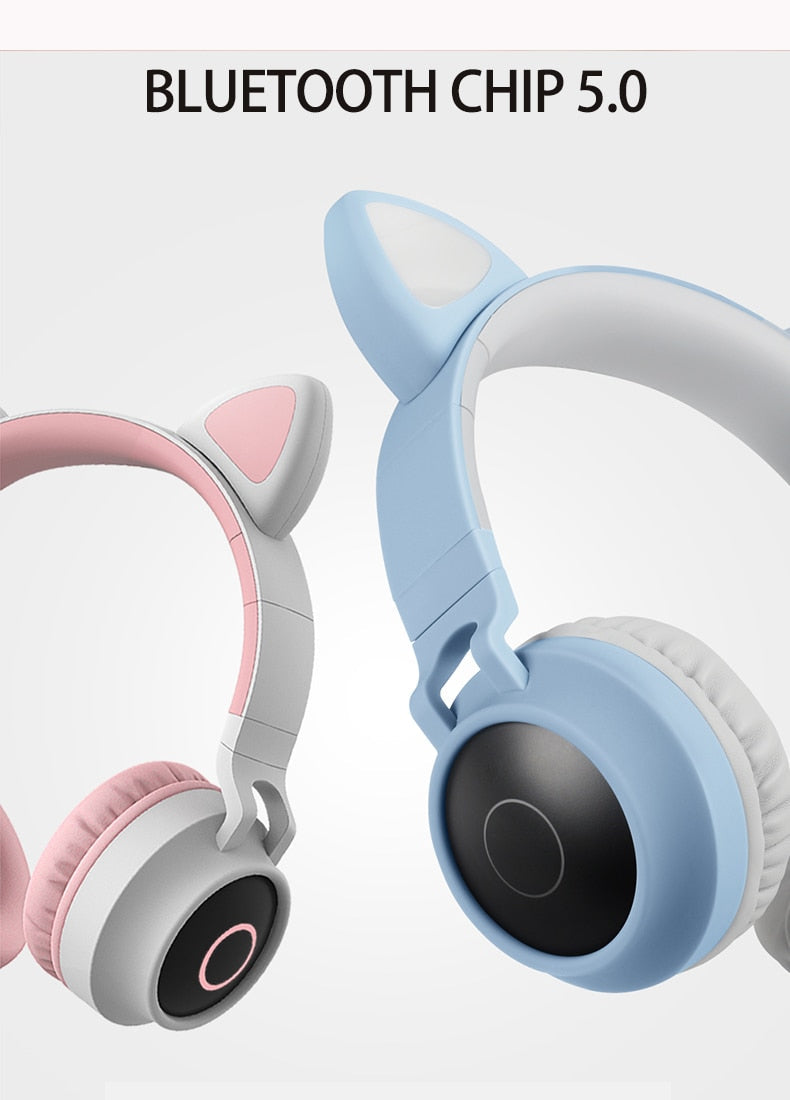 LED Light Wireless Headset with Cat Ear Design - Music Headphones for Girls, Daughters, Bluetooth Headset with TF Card Support and FM Radio