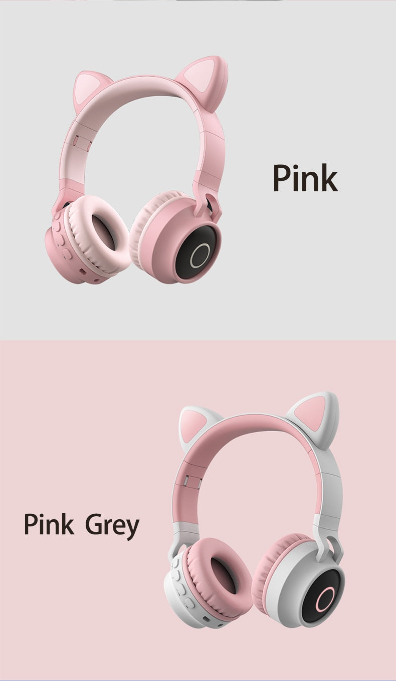 LED Light Wireless Headset with Cat Ear Design - Music Headphones for Girls, Daughters, Bluetooth Headset with TF Card Support and FM Radio