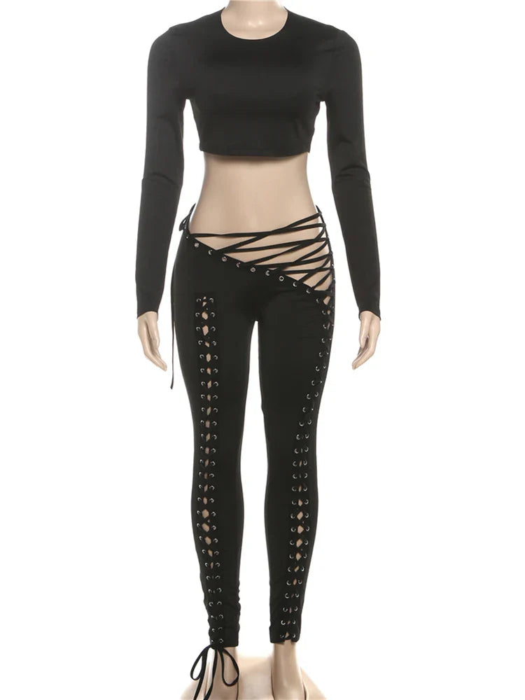 2-Piece Set O-Neck Long Sleeve Simple Crop Tops+Cross Bandage Hollow Pants